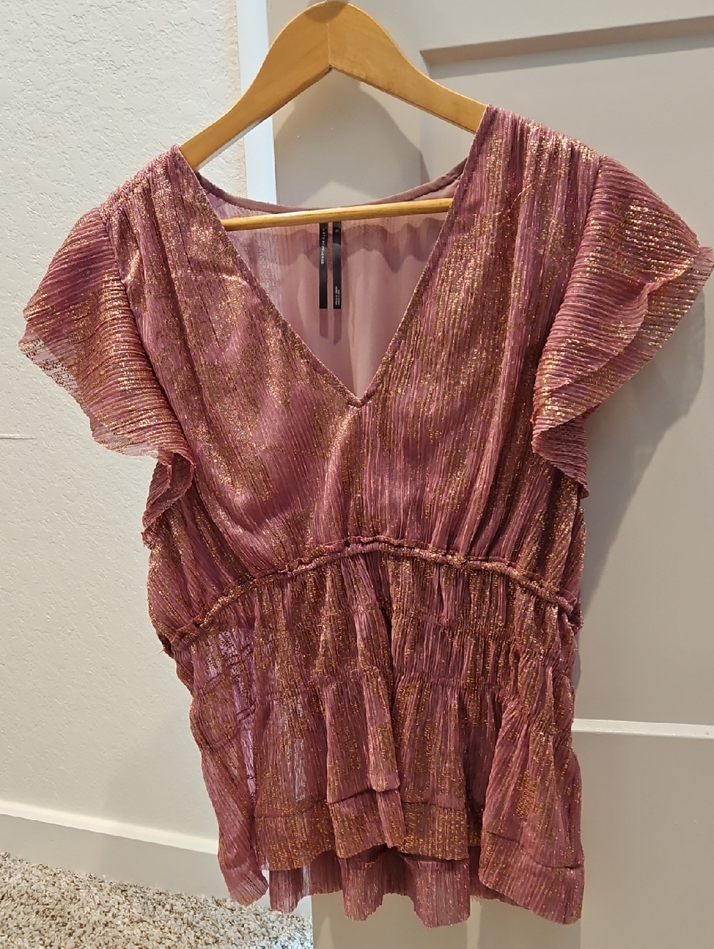 Anthropologie Mauve Pink Metallic Ruffle Top